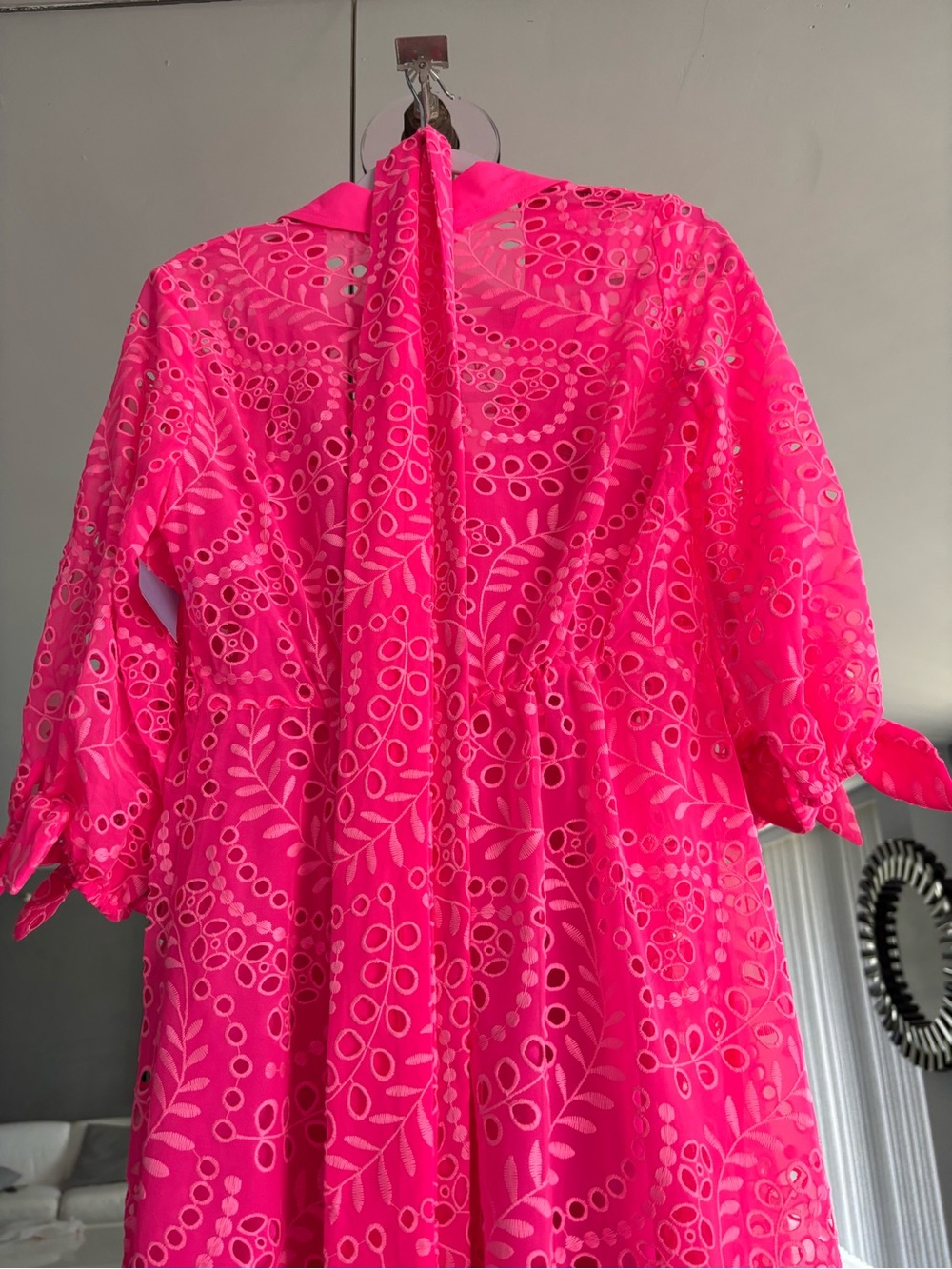 Lilly Pulitzer Neon Pink Eyelet Tie-Neck Midi Dress
